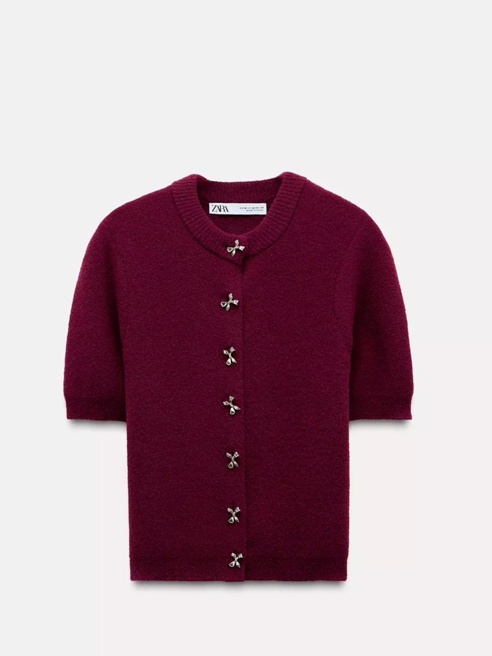 Zara Short-Sleeve Knit Cardigan with Bow Gem Buttons - Burgundy